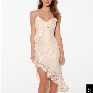 IVORY BURNOUT VELVET RUFFLED MIDI DRESS NWT